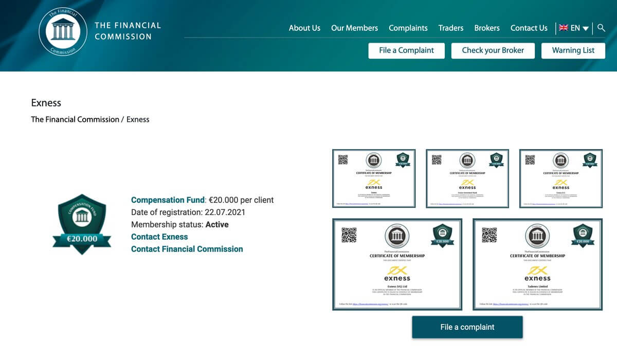 Exness IFC certificate